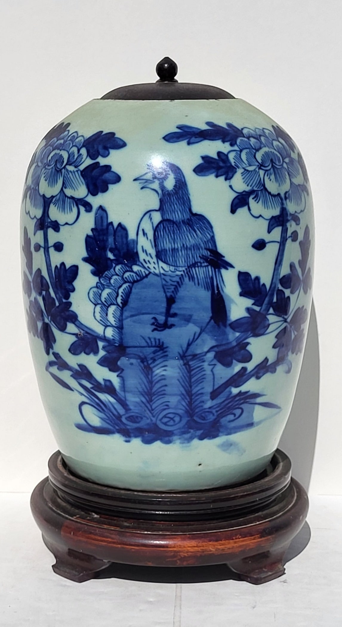 Antique Chinese Celadon Blue Bird Lidded Jar 12.5 Inches High Overall Porcelain: Antique Chinese Celadon Blue Bird Lidded Jar 12.5 Inches High Overall Porcelain, 12.5 inches including lid X 8 inches excluding 2.5 inch later export base, currently fitted with an appropriate wooden