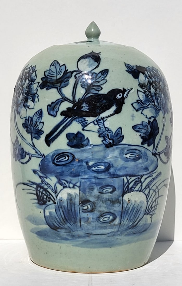 Antique Chinese Celadon Blue Bird And Mushroom Bat Lidded Jar 12.5 Inches High Overall Porcelain: Antique Chinese Celadon Blue Bird And Mushroom Bat Lidded Jar 12.5 Inches High Overall Porcelain, 12.5 inches including lid X 8 inches, see also the two previous related lots. RSI Provenance: Florida