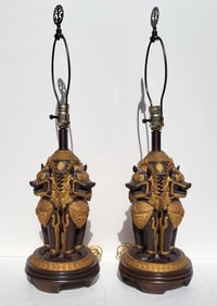 Pair Heavy Old Patinated Chinese Triple Foo Table Lamps 28.5 Inches Overall