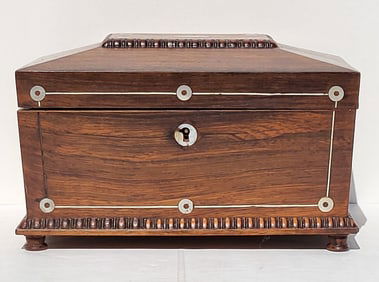 Antique Rosewood MOP 19C Tea Caddy Footed Velvet Lined 5.5 X 9 X 5.75 Inches
