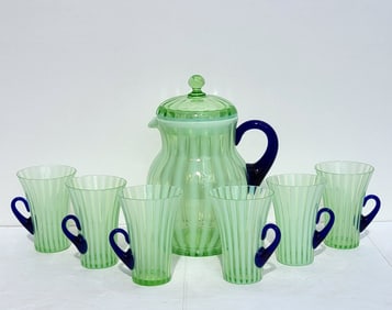 Fenton 7pc Green Vaseline Uranium Opalescent Glass Rib Optic Ice Tea Lemonade Set 6 Glasses Pitcher