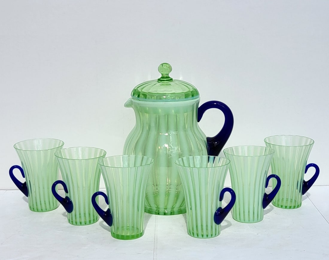 Fenton 7pc Green Vaseline Uranium Opalescent Glass Rib Optic Ice Tea Lemonade Set 6 Glasses Pitcher: Fenton 7pc Green Vaseline Uranium Opalescent Glass Rib Optic Ice Tea Lemonade Set 6 Glasses Pitcher Lid Fluorescent. See UV detail image, also see condition report as one glass has several chips, anot