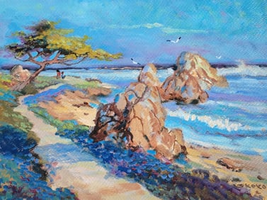 Stephen Skerce California Label Beach Watercolor Painting 10.25 X 14 Inches Sight Signed Barnboard
