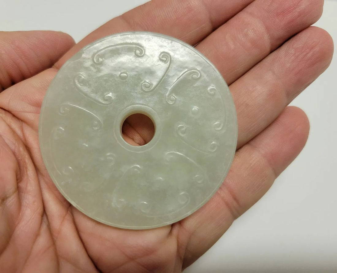 Klarich Collection Antique Chinese Jade Pi Bi Disc Pale Celadon Prayer Wheel