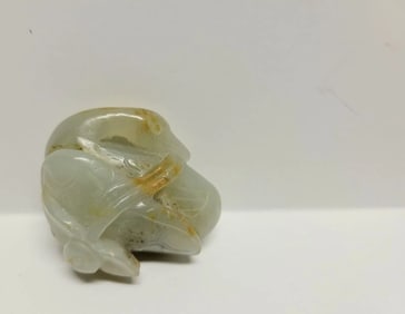 Klarich Collection 18C Chinese Jade Duck Carving Celadon Russet Skin Lotus