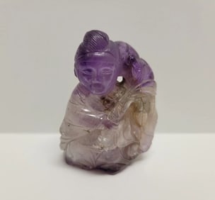 Klarich Collection Chinese Amethyst Quartz Seated Carved Figure Statue Woman Flowers