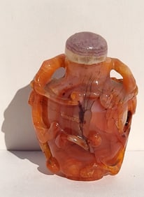 Carved Jade Or Hardstone High Relief Snuff Bottle Handled Vase Form 2.5 Inches