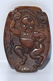 Large Carved Jade Amulet With Child 3.25 Inch 64g