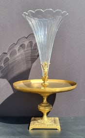 Large Old Ornate Bronze Glass Epergne Pedestal And Griffin Vase 20.3 Inches Overall
