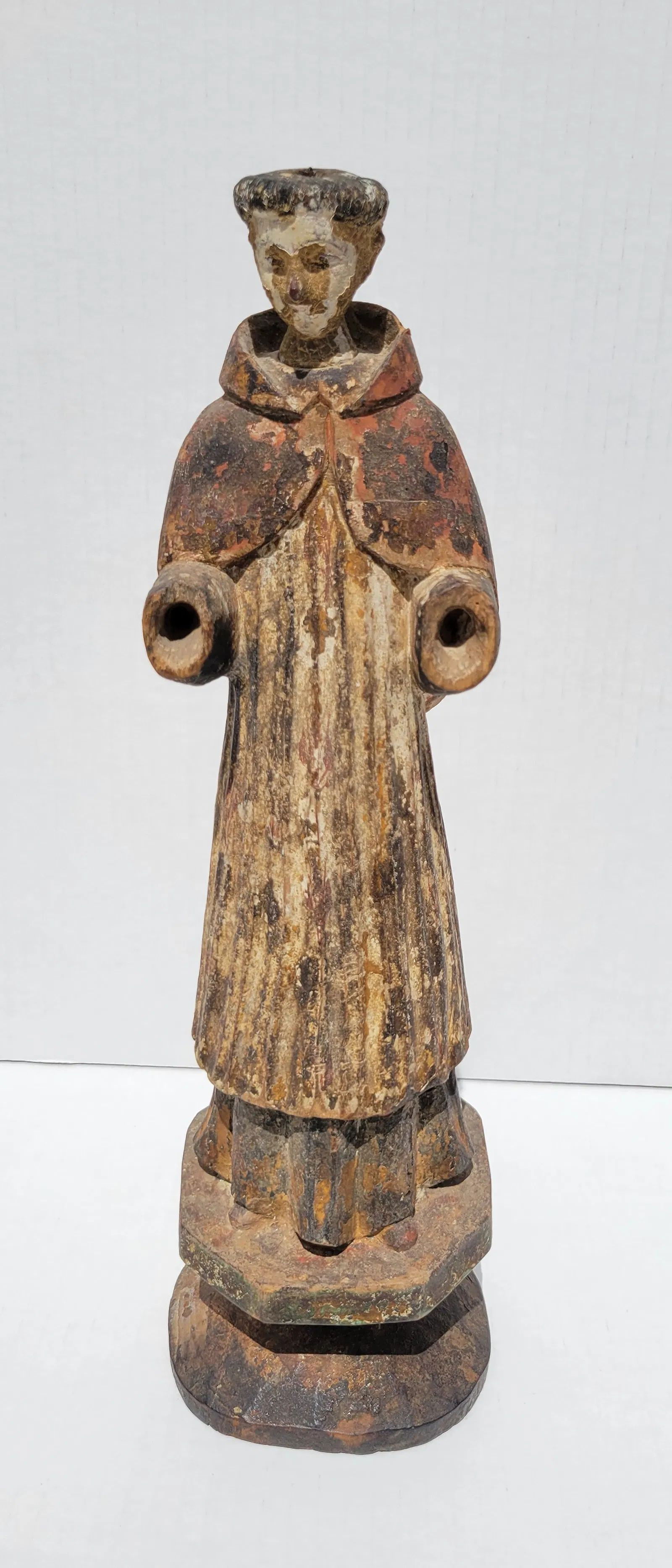 Antique Carved Polychrome 14.25in Friar Or Possibly St Francis Statue Carving Sculpture: Antique Carved Polychrome 14.25in Friar Or Possibly St Francis Statue Carving Sculpture. See condition report.Provenance: Tampa Bay Florida estate of a family with ties to Central and or South America