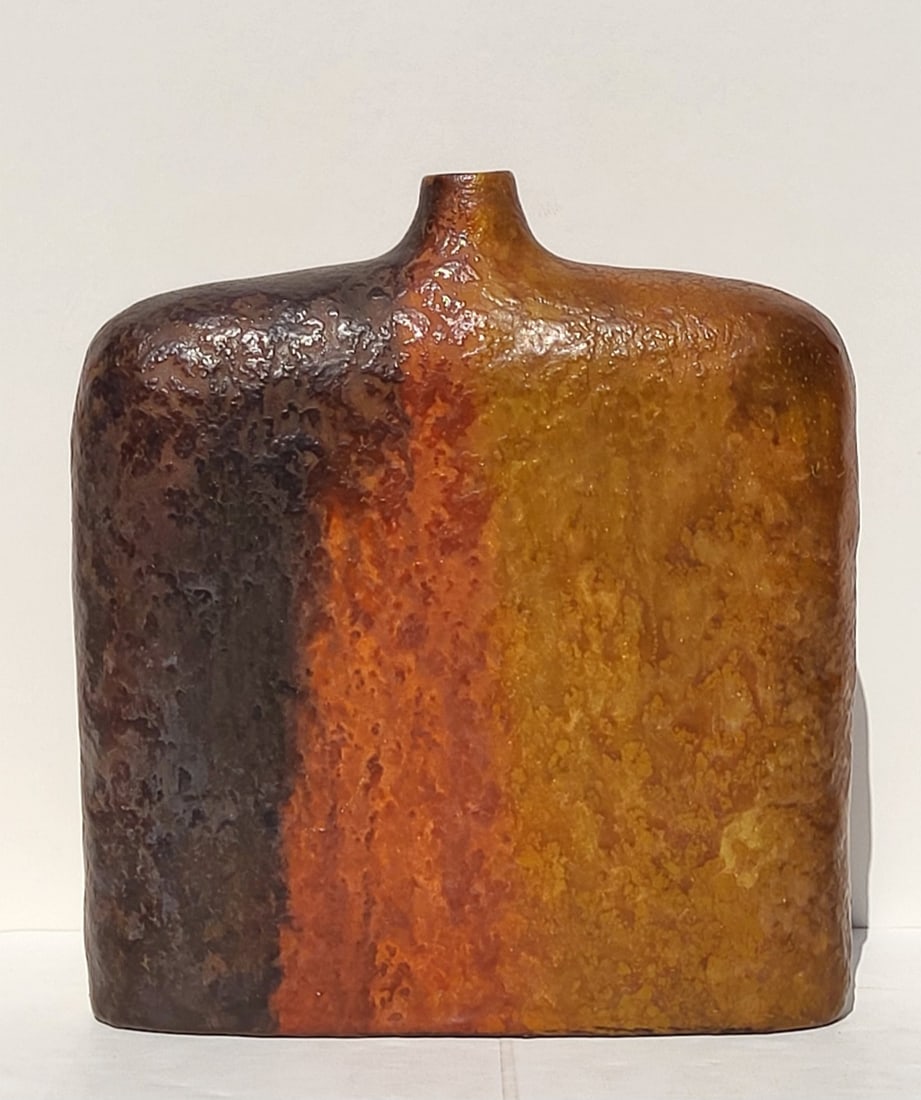Marcello Fantoni For Raymour Italian Art Pottery Bottle Vase MCM 10 X 8.5 X 2.75 Inches Triple: Marcello Fantoni For Raymour Italian Art Pottery Bottle Vase MCM 10 X 8.5 X 2.75 Inches Triple Signed, signed Fantoni Italy and For Raymour together with a partial Raymour label remnant all underneath