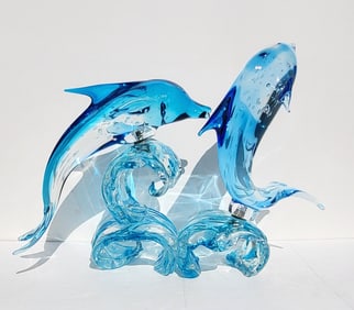Huge Murano Signed Vetro Artistico Art Glass Dolphins Wave Sculpture Figure Statue 18 X 27 X 11