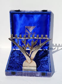 Boxed Modernist David Klass Menorah Alef Judaica Polished Steel 9 Inches Signed