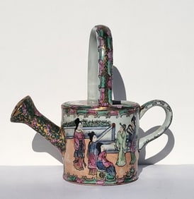 Vintage 20c Rose Medallion Famille Rose Repaired Plant Watering Pitcher 9in x 9in x 4.25in Signed