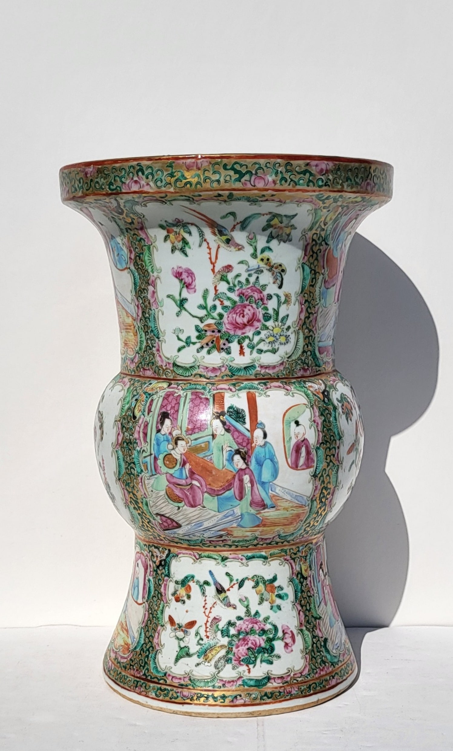 Big Rose Medallion Gu Vase 13.5in x 8.5in Antique Chinese Porcelain Enamel: Big Rose Medallion Gu Vase 13.5in x 8.5in Antique Chinese Porcelain Enamel. See condition report for rim flaking and base hairline.Provenance: Massive Central Florida collection of Victorian and Art N
