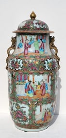 Large Rose Medallion 15.25in Lidded Handled Jar Vase Antique Chinese Porcelain Enamel