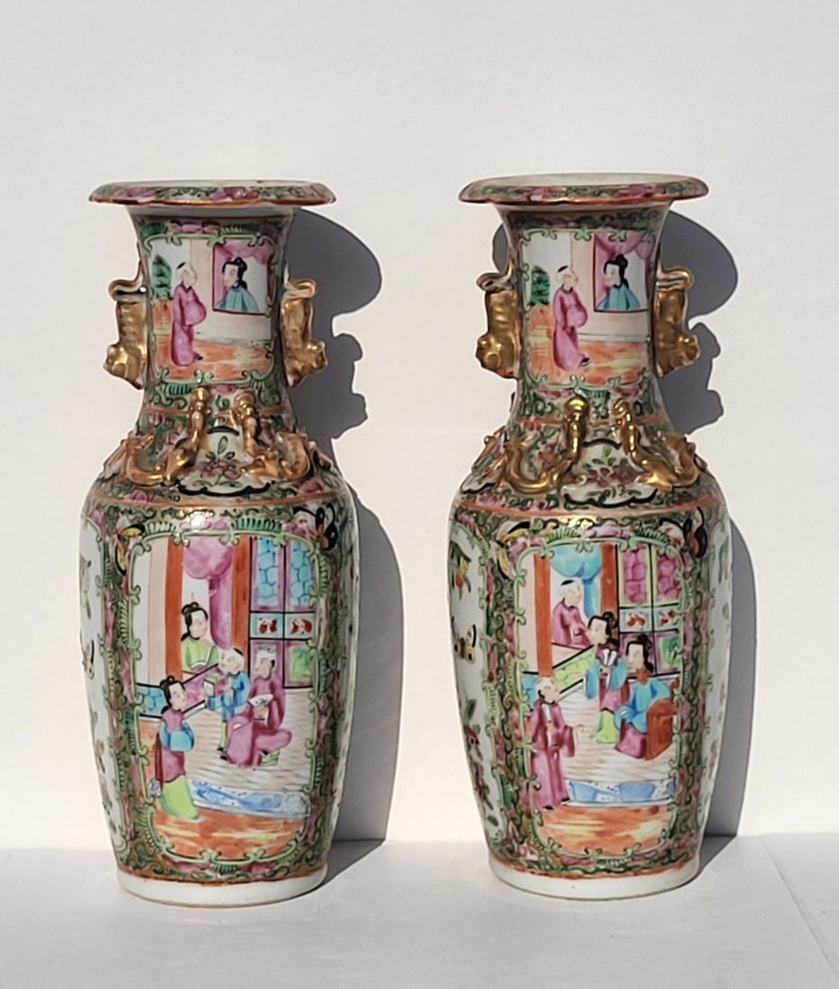 Pair Antique 10in Rose Medallion Chinese Porcelain Enamel Gilt Handled Panel Decorated Vases: Pair Antique 10in Rose Medallion Chinese Porcelain Enamel Gilt Handled Panel Decorated Vases.Provenance: Massive Central Florida collection of Victorian and Art Nouveau art glass, fin de siecle Contin