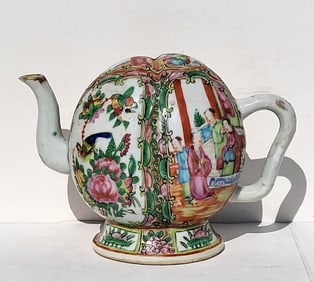 Gravity Fed Rose Medallion Tea Pot Antique Chinese Porcelain Enamel 6in x 8in x 4in