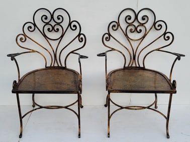 Pair LeBarge Attributed Bronze Patinated Cast Iron 34.5 Inch High Arm Chairs MCM Mid Century Modern