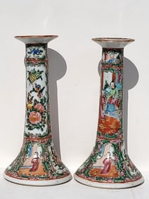 Pair Rose Medallion Candlesticks 8.25in Antique Chinese Porcelain Enamel