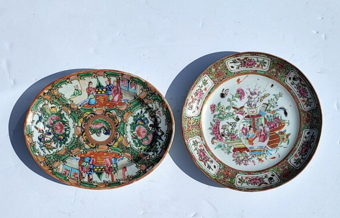 Famille Rose Pictorial Plate 8.5in To Fix Plus Rose Medallion 9.25in Oval Serving Plate Antique: Famille Rose Pictorial Plate 8.5in To Fix Plus Rose Medallion 9.25in Oval Serving Plate Antique Chinese Porcelain Enamel. See condition report for compound star hairline to famille rose plate interior