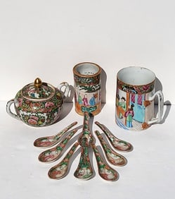 Lot Rose Medallion Vase Mug Sugar Bowl And 8 Spoons Chinese Porcelain Enamel Antique