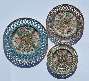 Lot 3 Reticulated Rose Medallion Plates Chinese Porcelain Enamel Antique 6in to 8.5in