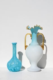 Lot 2 Art Glass Vases Daisy Fern Wright Fenton Manner 7in Barber Bottle Vase Plus Victorian Applied