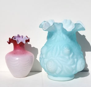 Two Cased Art Glass Ruffle Rim Vases 6.1in Draped Cranberry To Opalescent 8.1in Blown Out Light Blue