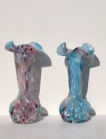 Pair Art Glass Vintage Bulbus Ruffled Edge Multicolor 8in Vases