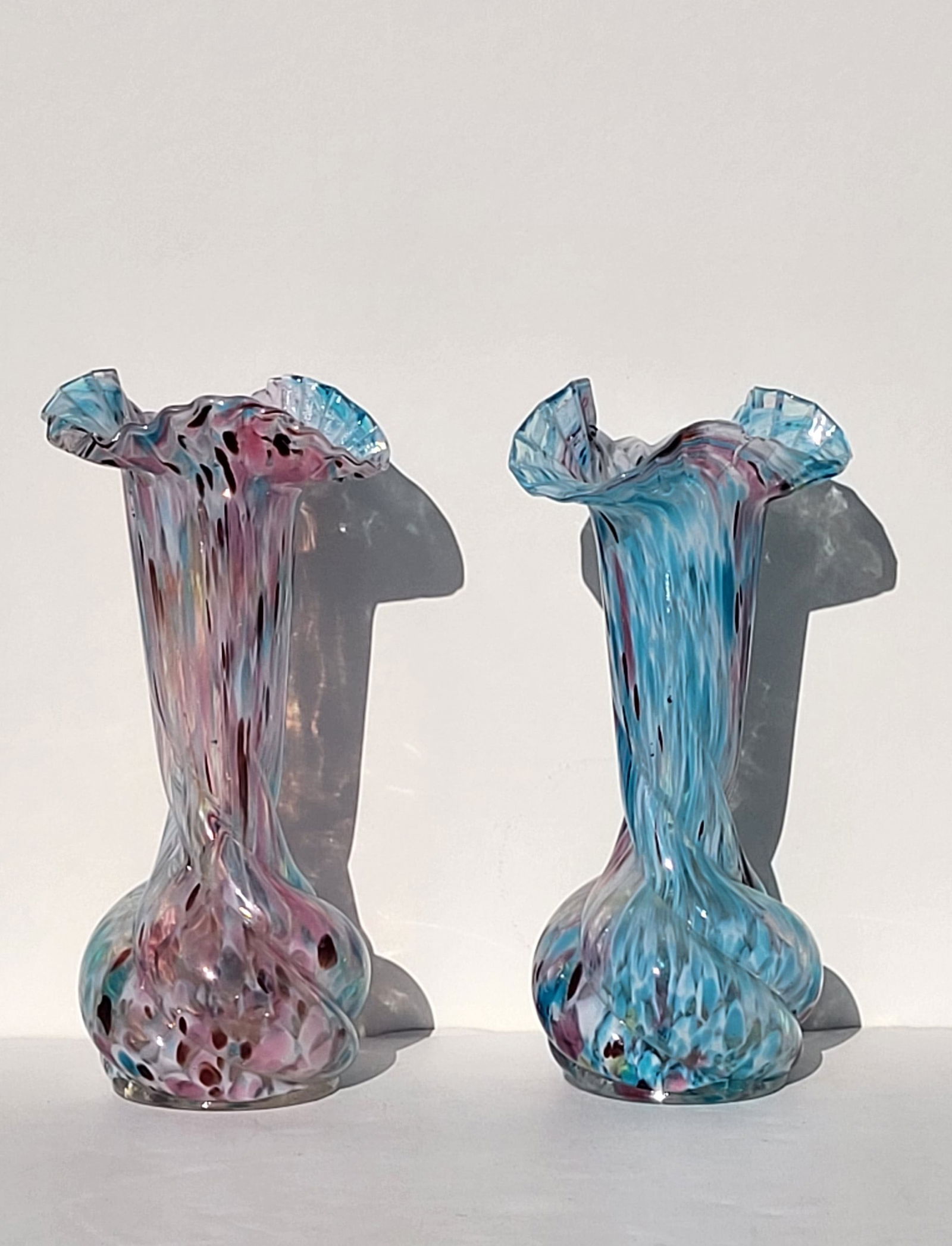 Pair Art Glass Vintage Bulbus Ruffled Edge Multicolor 8in Vases (1 of 7)
