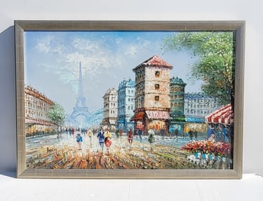 Caroline Burnett Eiffel Tower Paris French Street Scene 24 X 36 Inches Impastoed Oil Painting