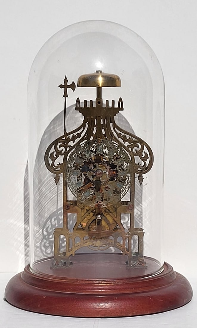 Antique Continental 8 Inch Skeleton Clock With 11 Inch Overall Glass Dome Enclosure To Fix: Antique Continental 8 Inch Skeleton Clock With 11 Inch Overall Glass Dome Enclosure To Fix, Note: The works are visibly oxidized and likely at least partially frozen probably requiring a thorough serv