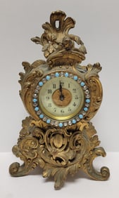 Ansonia Ornate Antique Desk Mantel Clock Paste Bezel Porcelain Dial Gilt Spelter 8.2in High