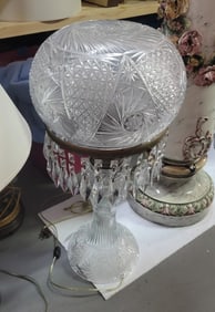 Huge 27 X 12 Inch ABP Cut Glass Antique Hobstar And Prisms Electrified Banquet Table Lamp