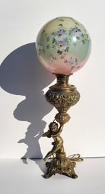 Large Late Victorian Cherub Gilded Spelter White Metal HP Painted Globe Table Lamp 32 Inches High