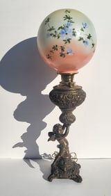 Large Late Victorian Cherub Gilded Spelter White Metal HP Painted Globe Table Lamp 33 Inches High