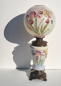 Large Late Victorian Table Lamp Double Handpainted HP Glass Floral 28 Inches High Overall