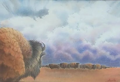 Large Signed Robert Annesley Bison Storm Watercolor Painting