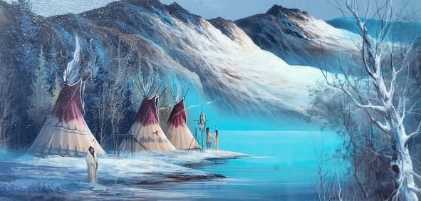 Lee Bocock Painting Native American Winter Tepee Figures Acrylic Collage