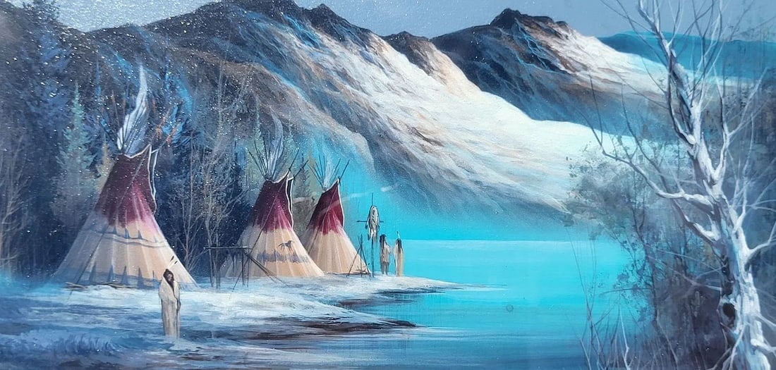 Lee Bocock Painting Native American Winter Tepee Figures Acrylic Collage: Lee Bocock Painting Native American Winter Tepee Figures Acrylic Collage, 6.5 x 10.5 inches sight, 18.5 x 22.5 inches framed, signed lower left, artist label affixed to backing. BSV 488