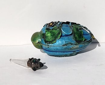 Champleve Enamel Metal Dresser Box And Sterling Paste Mounted Cut Glass Perfume Vial