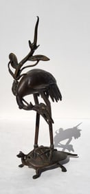Antique Japanese Circa Meiji Crane And Turtle 8.75 Inch Bronze Statue Sculpture Figure
