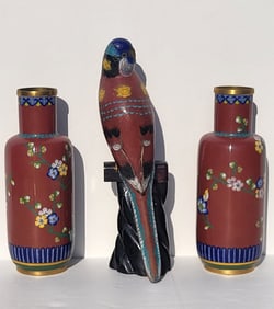 Pair 9in Cloisonne Vases And Associated 12in Bird Vintage