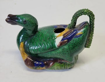 Chinese Figural Vintage To Antique Pottery Porcelain Figural Duck Pitcher Verte Spinach Egg Enamel