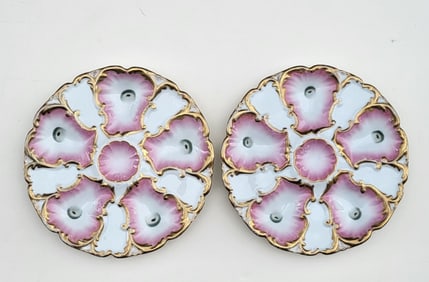 Pair Oscar Gutherz Limoges Oyster Plates Pink And Gilt 8.5in Signed Antique