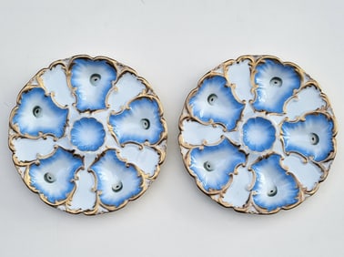 Pair Oscar Gutherz Limoges Oyster Plates Blue And Gilt 8.5in Signed Antique