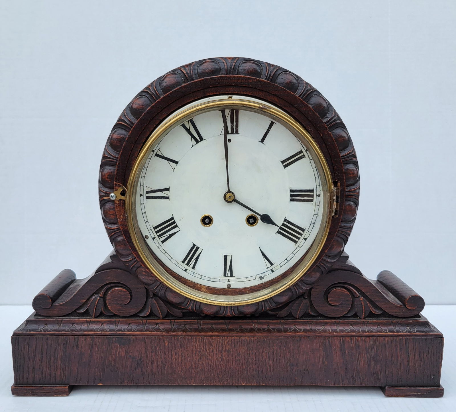 Lenzkirsch German Carved Oak Mantel Clock 14.5 X 18.5 X 5 Inches Signed Brass Movement: Lenzkirsch German Carved Oak Mantel Clock 14.5 X 18.5 X 5 Inches Signed Brass Movement. With wrapped pendulum. BSV 436