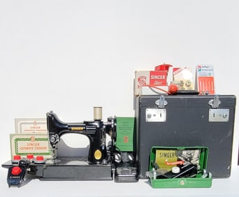 Singer Featherweight Vintage Portable Sewing Machine With Attachments Serviced