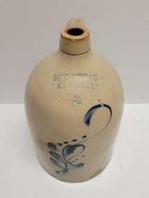 Haxston Ottman 2 Gallon Blue Decorated Fort Edward NY Folk Art Stoneware Jug